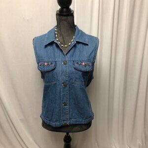 Vintage Stonybrook Denim Vest Womens Size Medium Floral Embroidery Button Front
